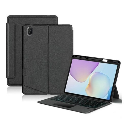 Tok álló, bőr hatású (FLIP, bluetooth billentyűzet, asztali tartó, QWERTY, angol nyelvű, ceruza tartó) FEKETE