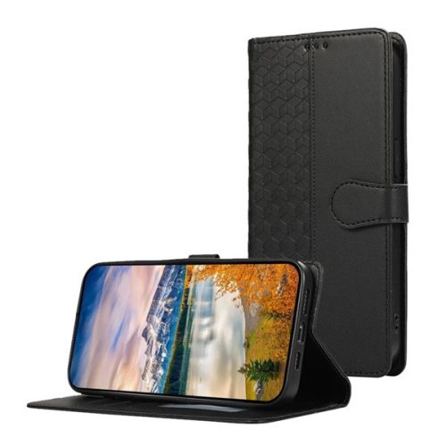 Tok álló, bőr hatású (FLIP, oldalra nyíló, asztali tartó, 3D rombusz, prémium + kézpánt) FEKETE