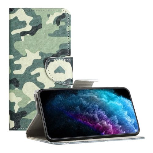 Tok álló, bőr hatású (FLIP, oldalra nyíló, asztali tartó, terep minta) SÖTÉTZÖLD