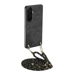   Szilikon telefonvédő (ütésállóság, bőr hatású hátlap, nyakpánt) FEKETE