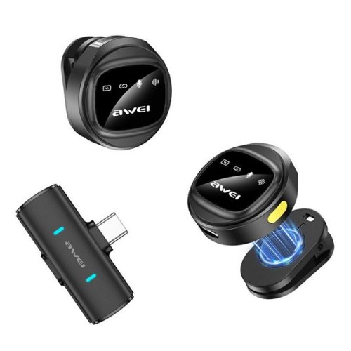 AWEI MK3 DUO bluetooth mikrofon 2db (Type-C, LAVALIER csíptethető, zajszűrő) FEKETE