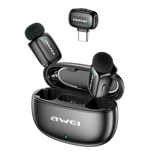 AWEI MK5 DUO bluetooth mikrofon 2db (Type-C, LAVALIER csíptethető, zajszűrő) FEKETE