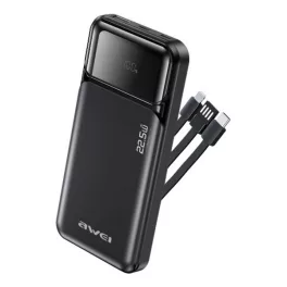   AWEI PA-91 vésztöltő USB+2 Type-C aljzat (10000mAh, 22.5W, gyorstöltő + fix USB/Type-C/lightning kábel) FEKETE