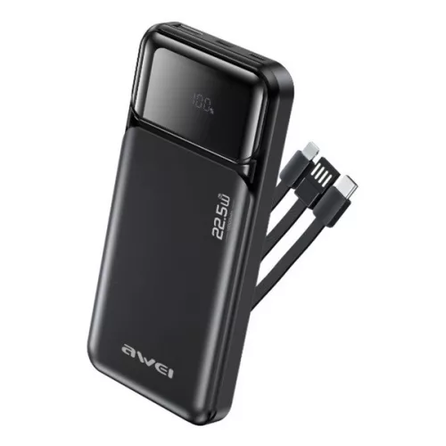 AWEI PA-91 vésztöltő USB+2 Type-C aljzat (10000mAh, 22.5W, gyorstöltő + fix USB/Type-C/lightning kábel) FEKETE