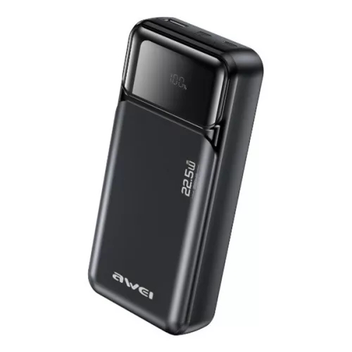 AWEI PA-92 vésztöltő USB+2 Type-C aljzat (20000mAh, 22.5W, gyorstöltő, LED kijelző) FEKETE