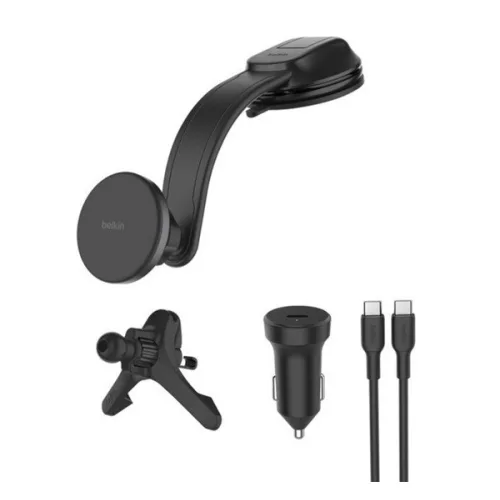 BELKIN autós tartó (27W, wireless, műszerfalra, szellőzőre, mágneses, Qi2 + autós töltő + Type-C kábel) FEKETE