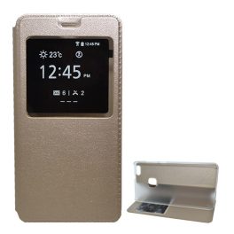  Tok álló, bőr hatású (FLIP, oldalra nyíló, asztali tartó, ablakos) ARANY