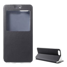   Tok álló, bőr hatású (FLIP, oldalra nyíló, asztali tartó, ablakos) FEKETE