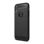 Szilikon telefonvédő (ütésállóság, légpárnás sarok, szálcsiszolt, karbon minta, logó kivágás) FEKETE