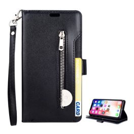   Tok álló, bőr hatású (FLIP, oldalra nyíló, asztali tartó, cipzáras pénztárca, kézpánt) FEKETE