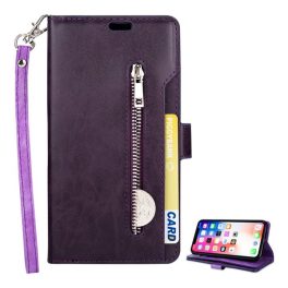   Tok álló, bőr hatású (FLIP, oldalra nyíló, asztali tartó, cipzáras pénztárca, kézpánt) LILA