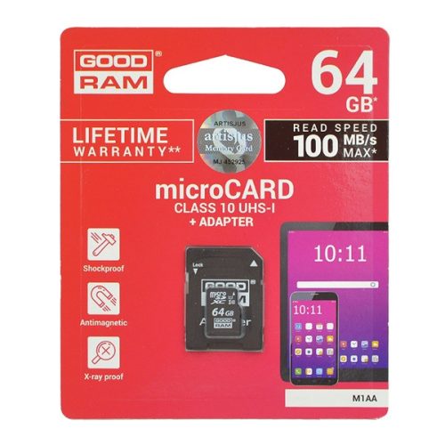 GOODRAM memóriakártya 64GB (microSDXC, Class 10, UHS-1, M1AA-0640R11 utód) + SD adapter