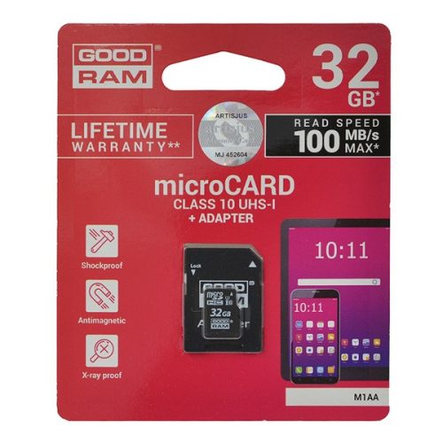 GOODRAM memóriakártya 32GB (microSDHC, Class 10, UHS-1, M1AA-0320R11 utód) + SD adapter