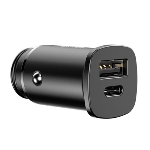 BASEUS SQUARE autós töltő USB+Type-C aljzat (30W, PD gyorstöltő 4.0) FEKETE