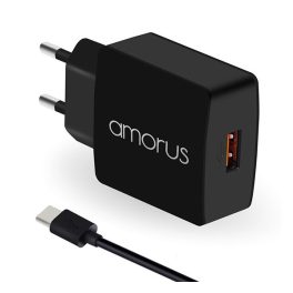 AMORUS K6 hálózati töltő USB aljzat (15W, PD gyorstöltő 3.0 + Type-C kábel) FEKETE   AMORUS K6 hálózati töltő USB aljzat (15W, PD gyorstöltő 3.0 + Type-C kábel) FEKETE