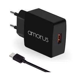   AMORUS K6 hálózati töltő USB aljzat (15W, PD gyorstöltő 3.0 + Type-C kábel) FEKETE