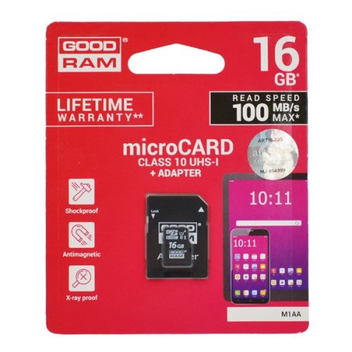 GOODRAM memóriakártya 16GB (microSDHC - Class 10, UHS-1, M1AA-0160R11 utód) + SD adapter