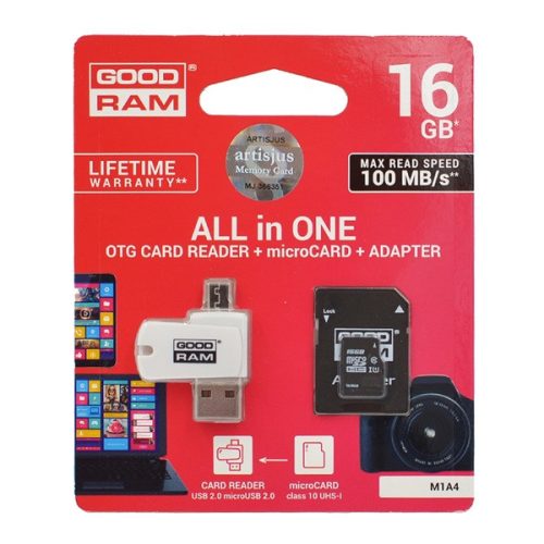 GOODRAM All In One memóriakártya 16GB (microSDHC EVO - Class 10, UHS-1) + SD adapter + USB kártyaolvasó