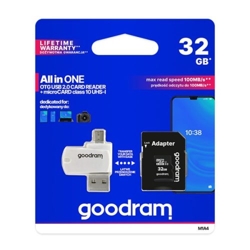 GOODRAM All In One memóriakártya 32GB (microSDHC EVO - Class 10, UHS-1) + SD adapter + USB kártyaolvasó