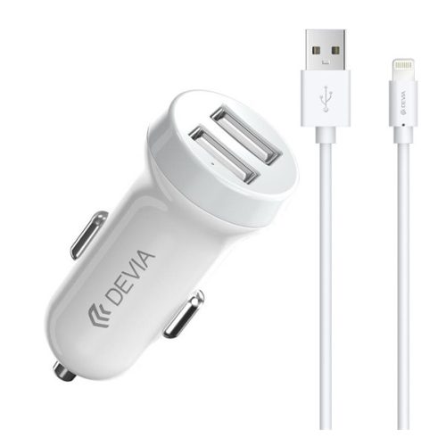 DEVIA autós töltő 2 USB aljzat (15W + lightning kábel) FEHÉR