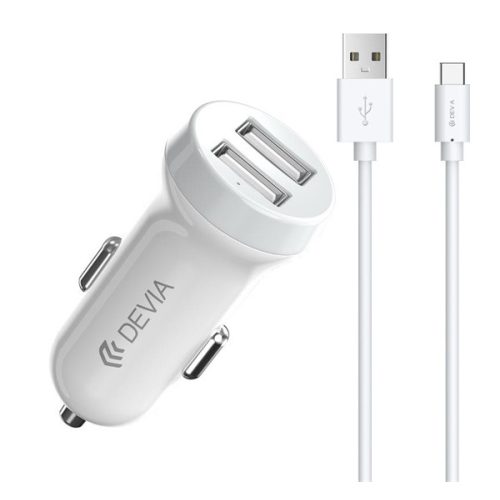 DEVIA autós töltő 2 USB aljzat (15W + Type-C kábel) FEHÉR