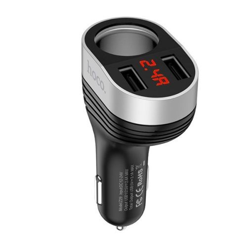 HOCO Z29 szivargyújtó adapter (elosztó, szivargyújtó+2 USB aljzat, 100W, LED) FEKETE