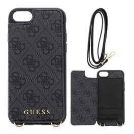   GUESS 4G Crossbody műanyag telefonvédő (kihajtható textil hátlap, kártyazseb + nyakpánt) SÖTÉTSZÜRKE