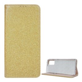   Tok álló, bőr hatású (FLIP, szilikon belső, oldalra nyíló, asztali tartó, kártyazseb, csillogó) ARANY