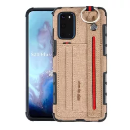   Szilikon telefonvédő (ütésállóság, asztali tartó, kártyazseb, textil hátlap + kézpánt) BARNA
