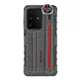   Szilikon telefonvédő (ütésállóság, asztali tartó, kártyazseb, textil hátlap + kézpánt) SZÜRKE