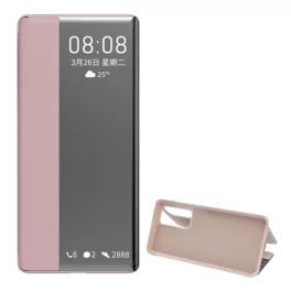   Tok álló, bőr hatású (FLIP, oldalra nyíló, asztali tartó, ablakos) RÓZSASZÍN