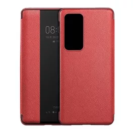   Tok álló, bőr hatású (aktív FLIP, oldalra nyíló, ablakos, textil minta) PIROS