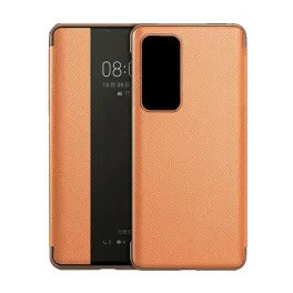   Tok álló, bőr hatású (aktív FLIP, oldalra nyíló, ablakos, textil minta) BARNA